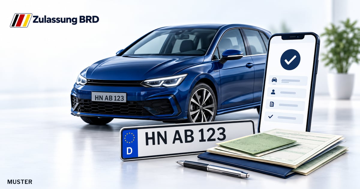 Online Fahrzeugzulassung in Bad Friedrichshall: Musterkennzeichen HN AB 123, Auto und Fahrzeugpapiere und Smartphone. Illustration mit Logo von Zulassung BRD.